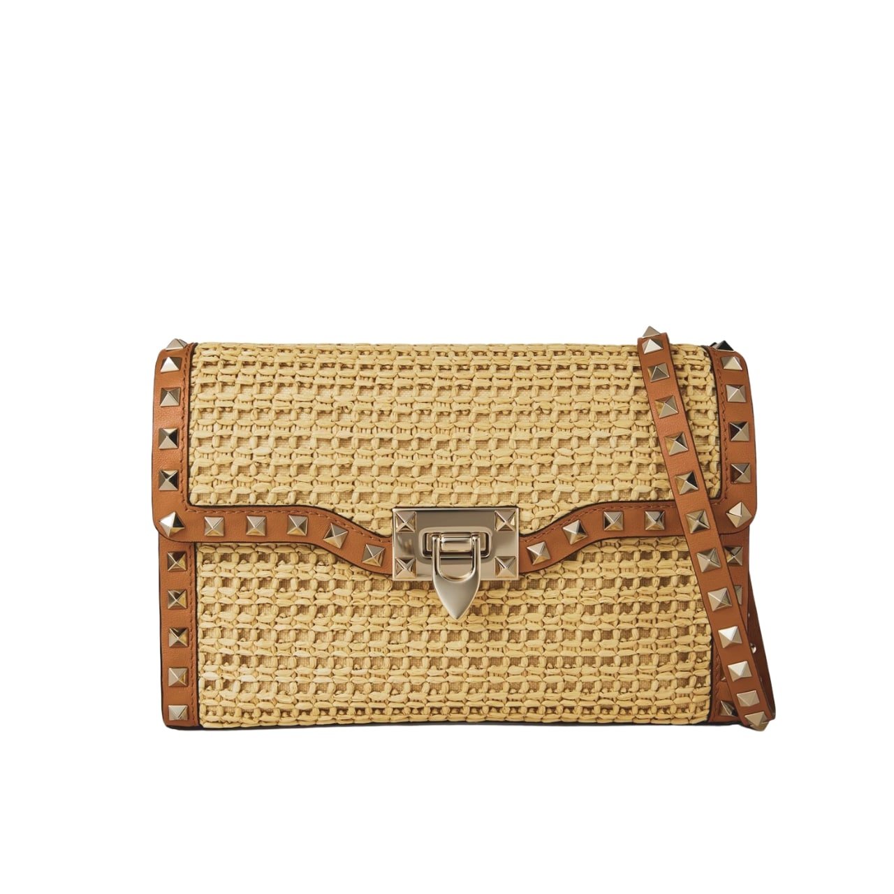 Va1e*ntin0 Garavani Rockstud Small Raffia Shoulder Bag Natural 22Cm