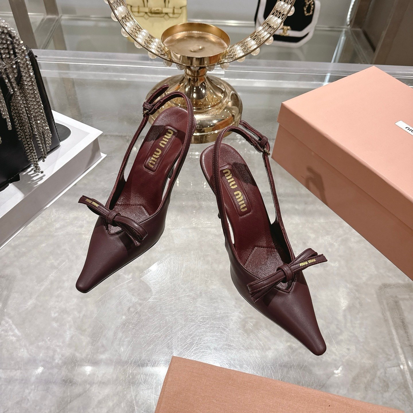 Miu Miu Leather Slingback Pumps With Bow Red