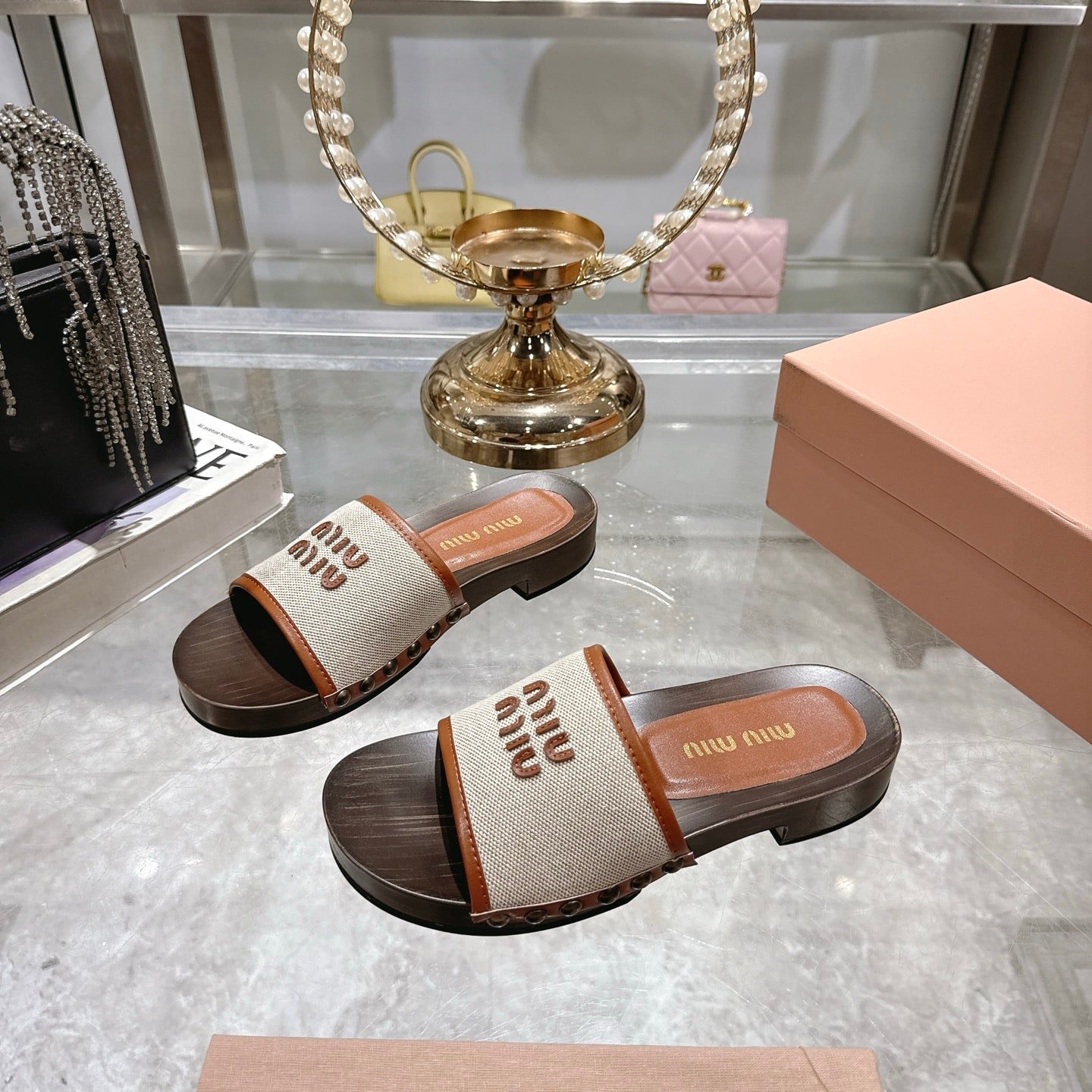 Miu Miu Canvas And Leather Clogs Beige 5Z445E Q1D F062F F 030