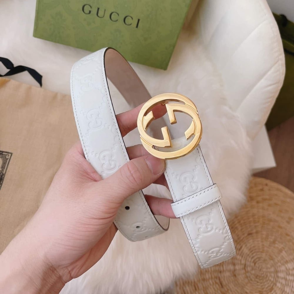 Gvc*1 Double G Buckle Belt White Leather 370543 Cwc1G 9022