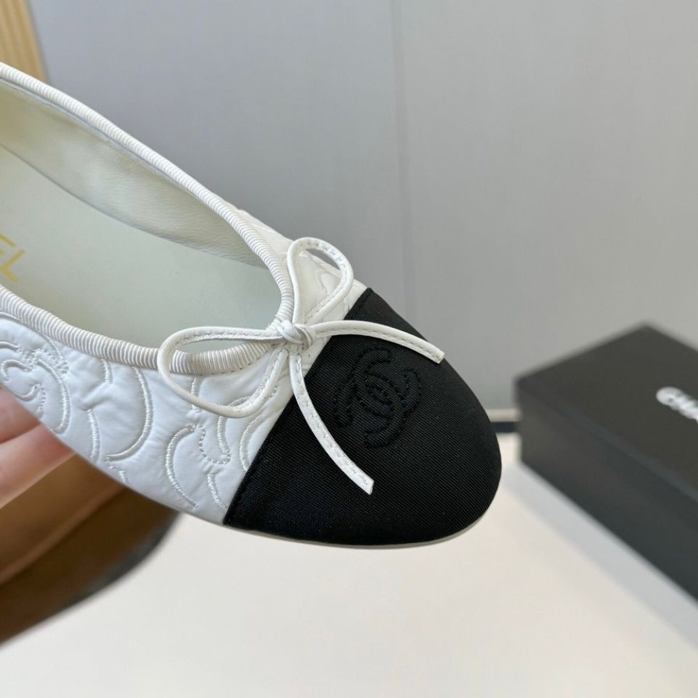 Ch**el Ballet Flats Embroidered Fabric And Grosgrain White Black G02819 B21026 U1898