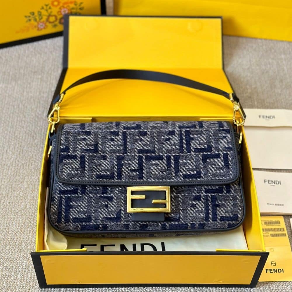 F**di Baguette Ff Chenille Bag Dark Blue 27Cm