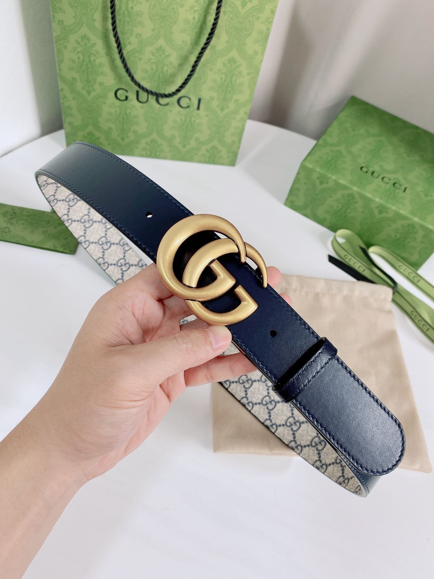 Gvc*1 Gg Marmont Reversible Belt Gold Metal Beige Blue 38Mm 659416 92Tic 9769