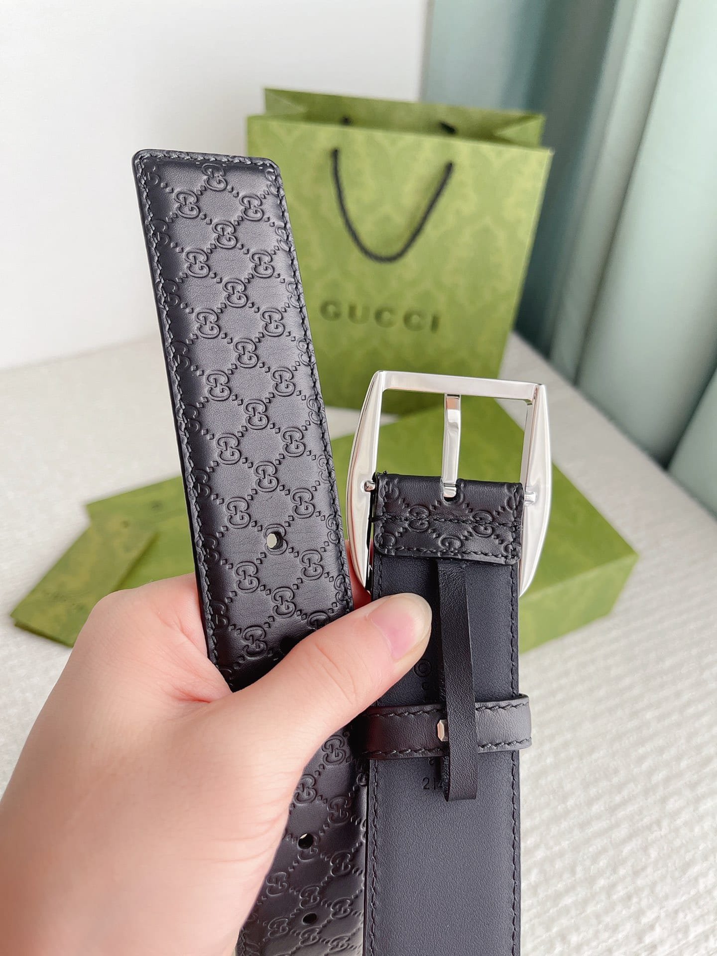 Gvc*1 Calfskin Monogram Black Belt Silver Metal 4Cm