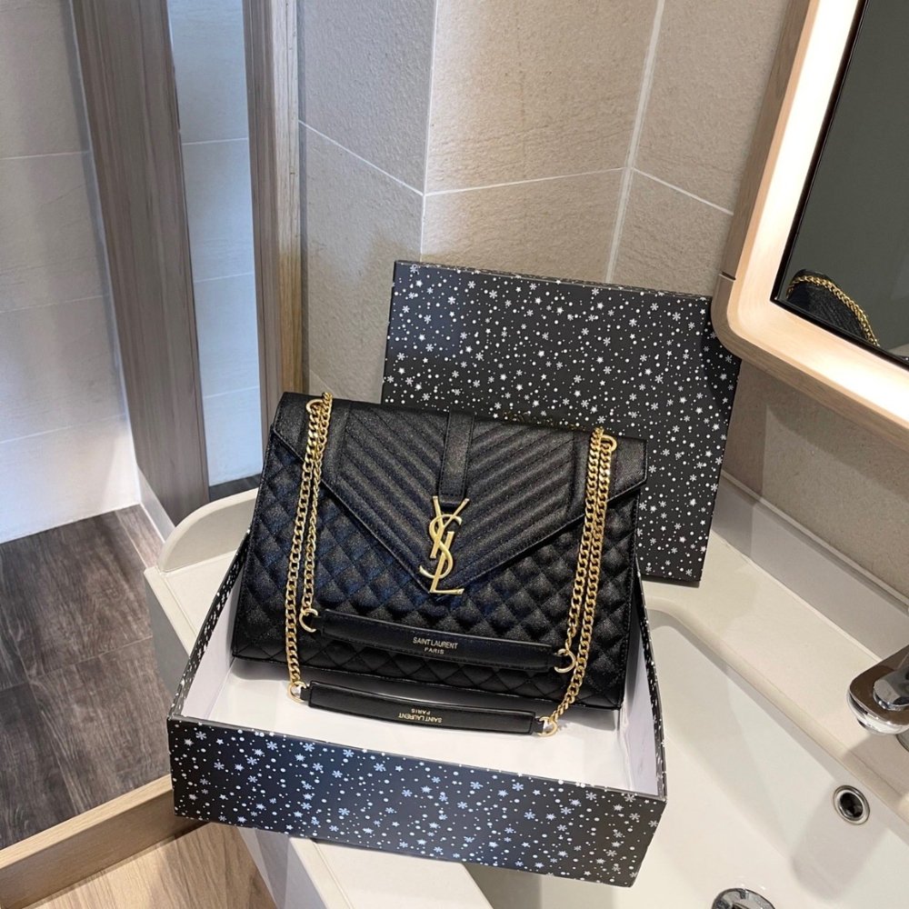 Sa1nt Lau*nt Envelope Large Bag In Mix Matelassé Grain De Poudre Embossed Black Gold 31Cm 600166Bow911000