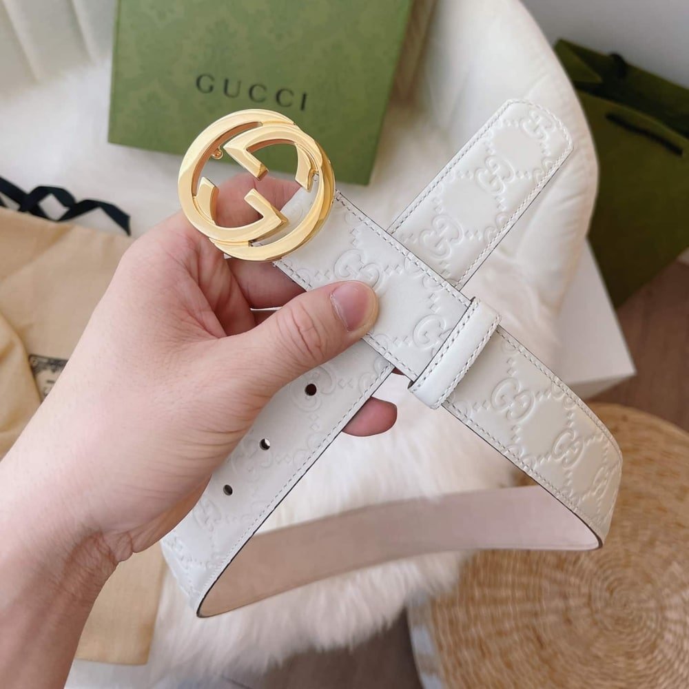 Gvc*1 Double G Buckle Belt White Leather 370543 Cwc1G 9022