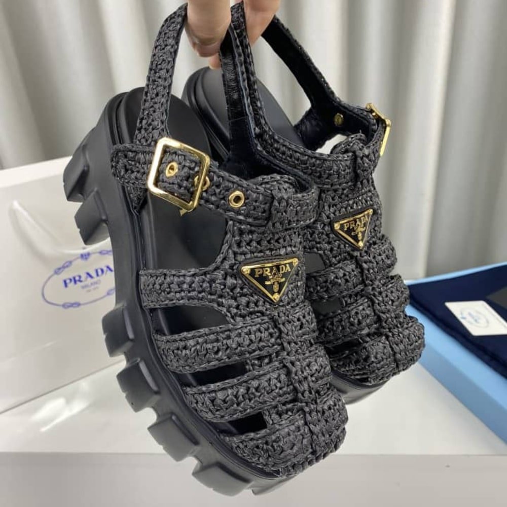 Pra*a Monolith Crochet Cage Sandals Black 1X138N 3L8W F0002 F 055