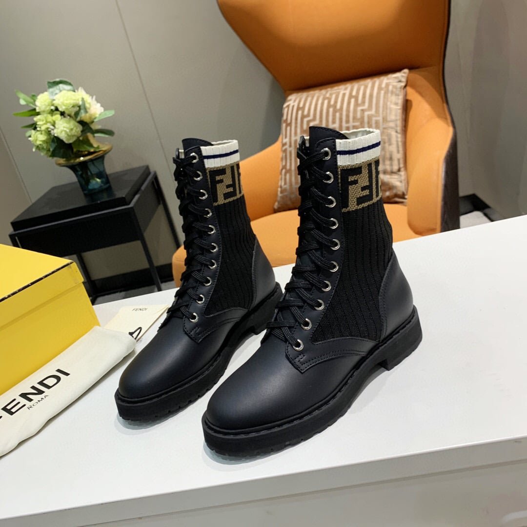 F**di Leather Biker Boots With Beige Ff Cuff Black