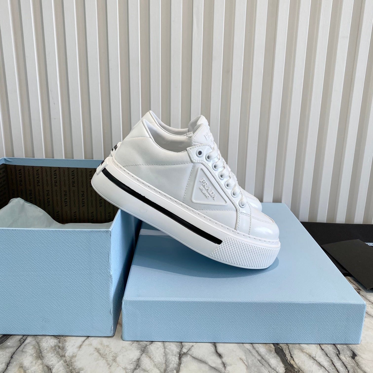 Pra*a Macro Re-Nylon And Brushed Leather Sneakers White 2Eg3763Lf5F0009