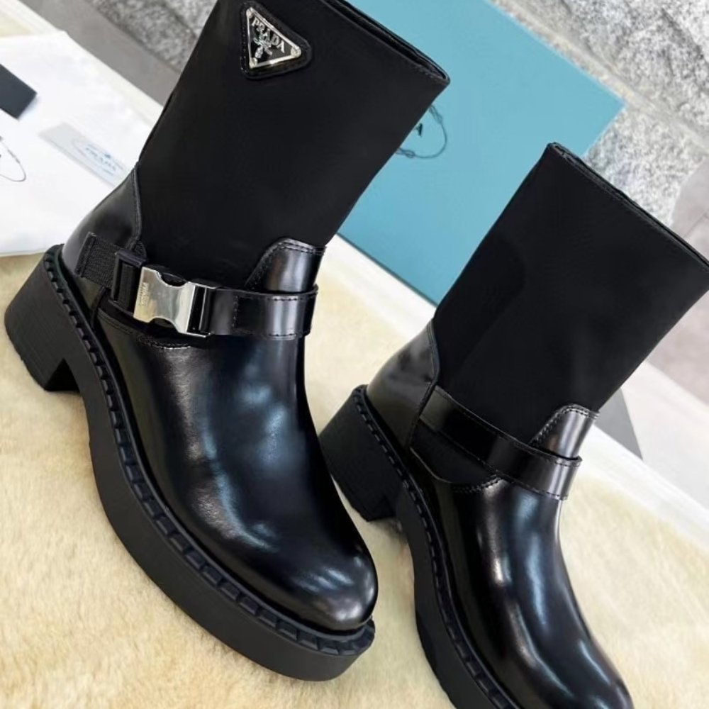 Pra*a Brushed Leather And Re Nylon Boots Black 1U682M 3Lf7 F0002 F B050