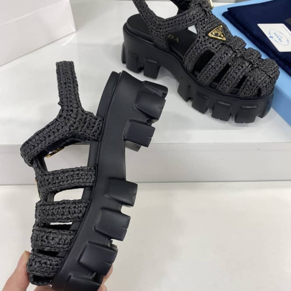 Pra*a Monolith Crochet Cage Sandals Black 1X138N 3L8W F0002 F 055
