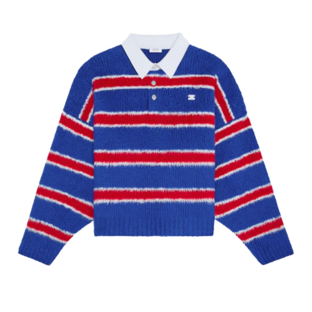 Ce1i*e Polo Sweater In Brushed Striped Cotton Blue And Red Ry0Fq0Zqj Gbt8