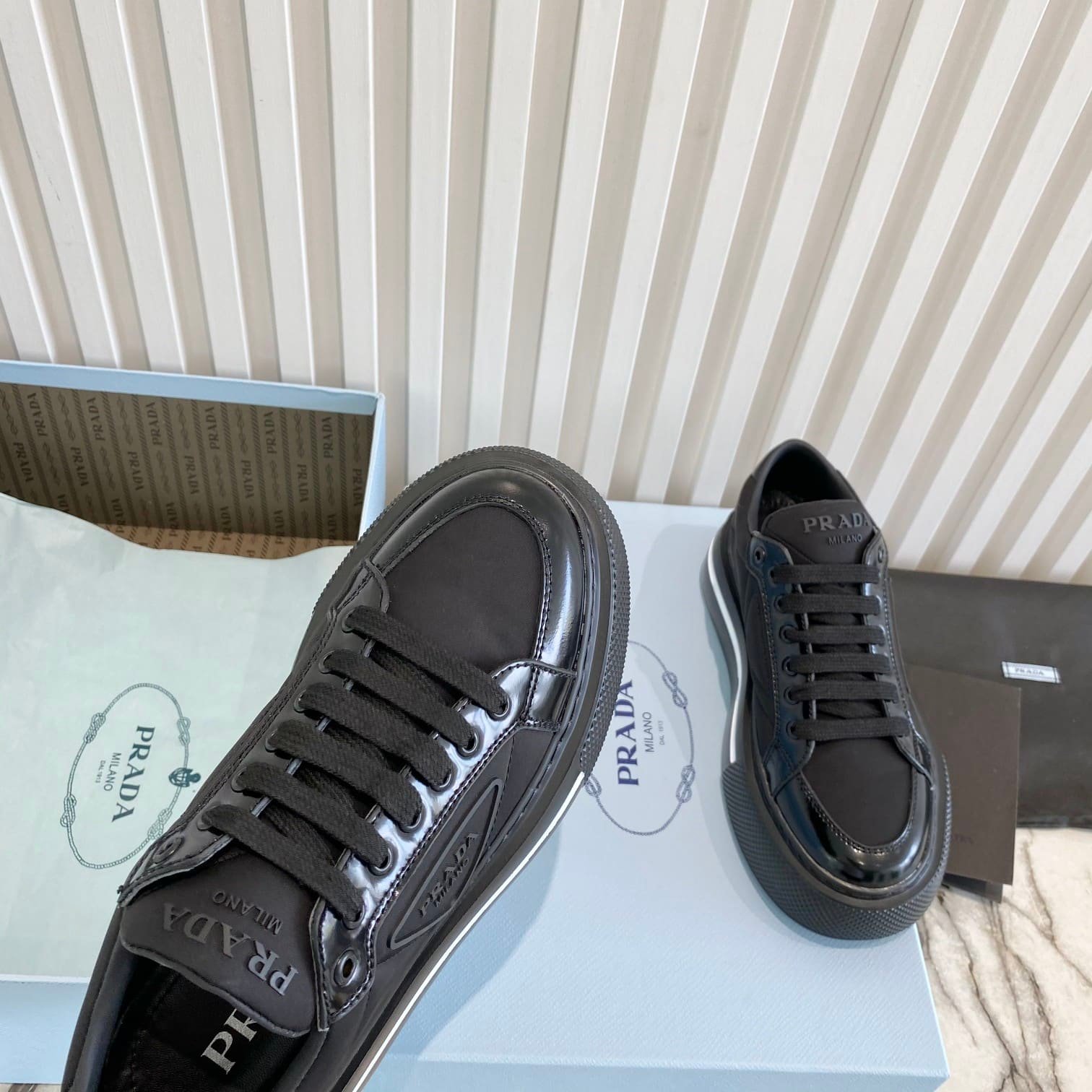 Pra*a Macro Re-Nylon And Brushed Leather Sneakers Black 2Eg3763Lf5F0632
