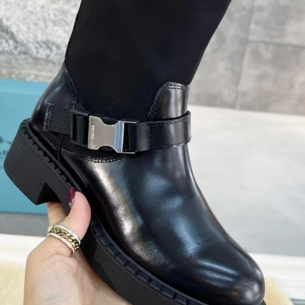 Pra*a Brushed Leather And Re Nylon Boots Black 1U682M 3Lf7 F0002 F B050