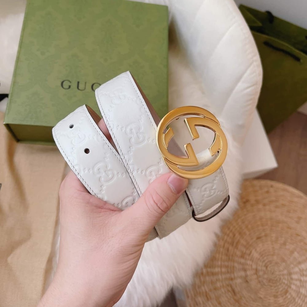 Gvc*1 Double G Buckle Belt White Leather 370543 Cwc1G 9022