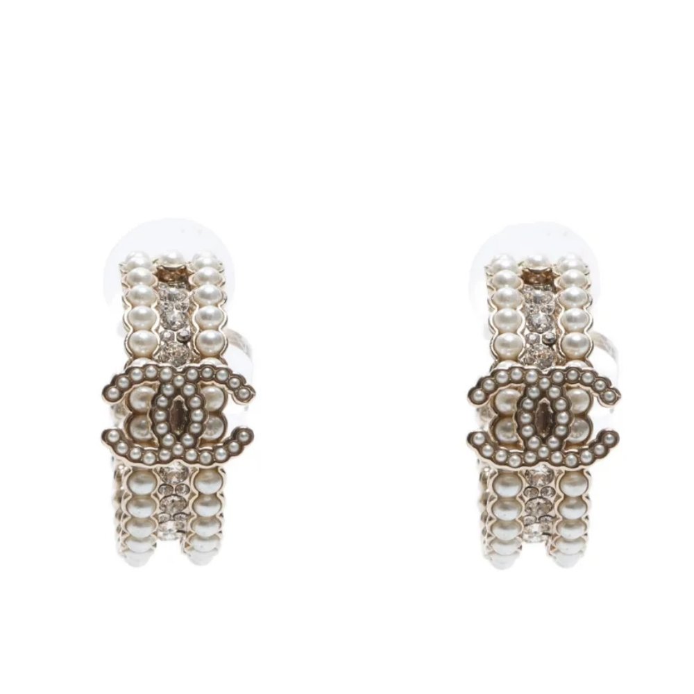 Ch**el Earrings Metal Diamantes And Glass Pearls Gold Crystal White Ab7146 B06732 Nf453