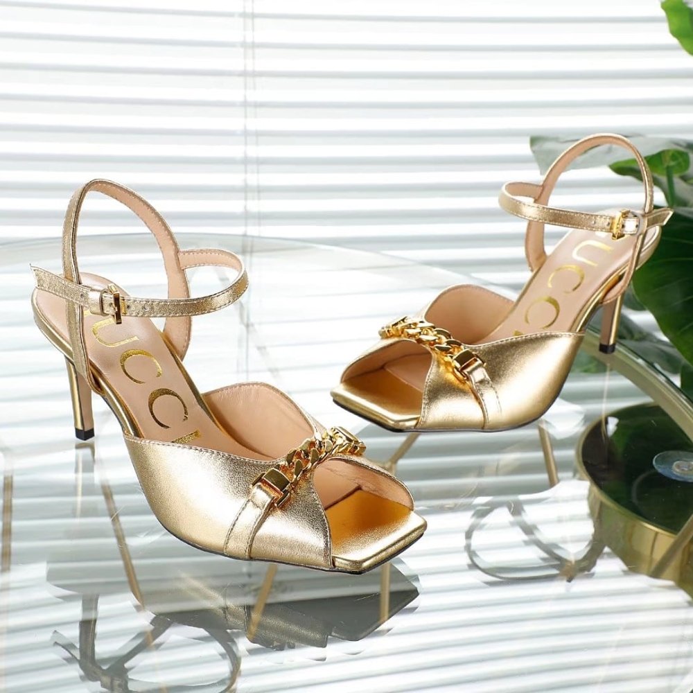 Gvc*1 Metal Chain Stiletto Heels Flip Flop Fish Mouth Sandals Gold
