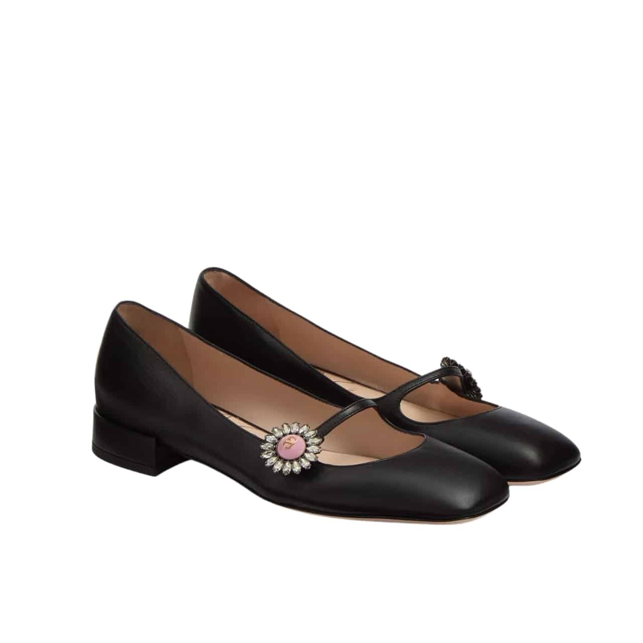 Va1e*ntin0 Mary Jane Preshoes Ballerina In Kidskin With Jewel Button Black 6W2S0Ll7Dhs 9Tj