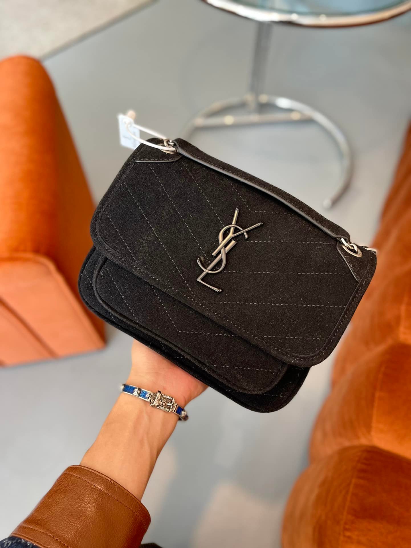 Sa1nt Lau*nt Niki Medium Quilted Suede Shoulder Bag Black