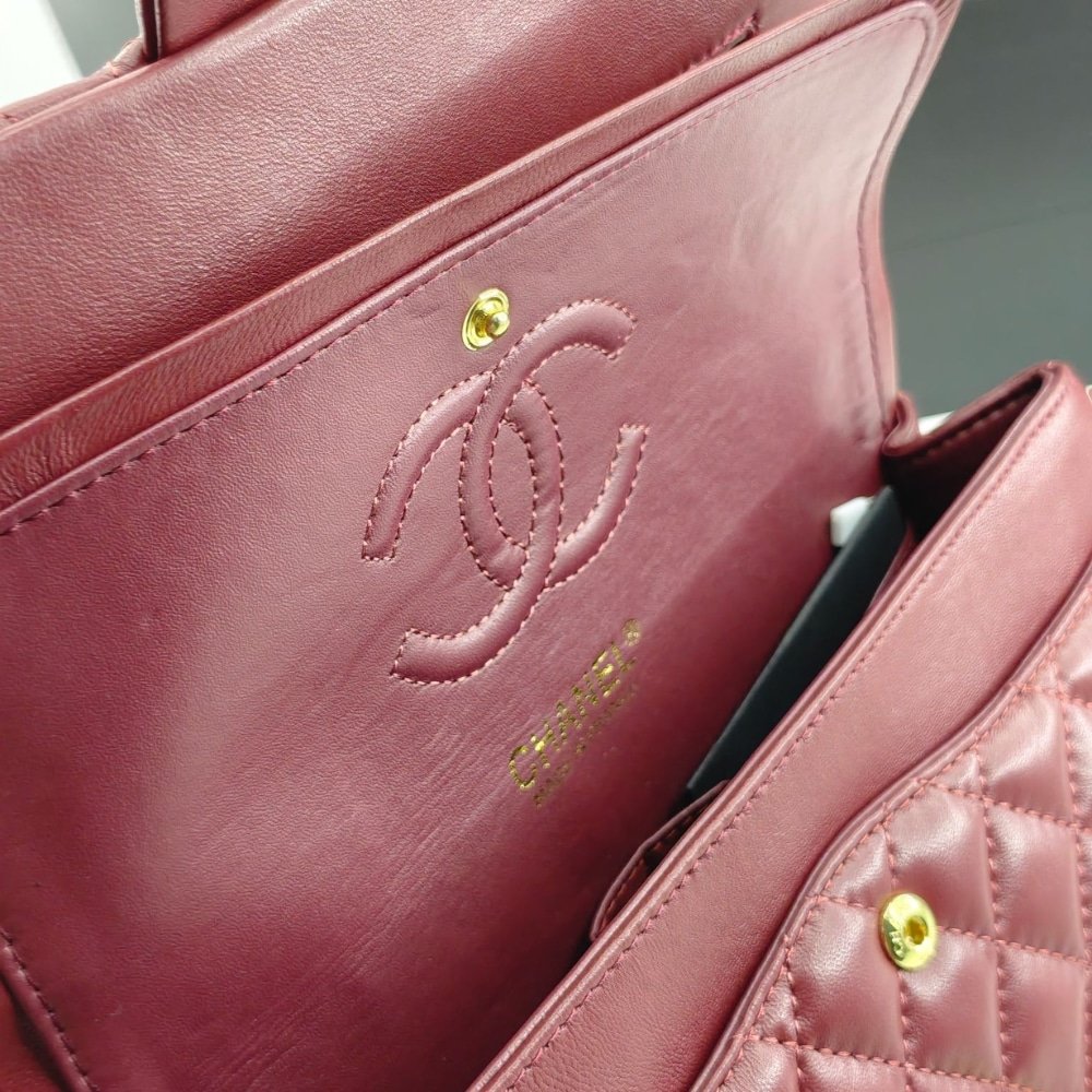 Ch**el Classic 11.12 Handbag Gold Tone Metal Burgundy 25Cm A01112 Y04059 Nzv44