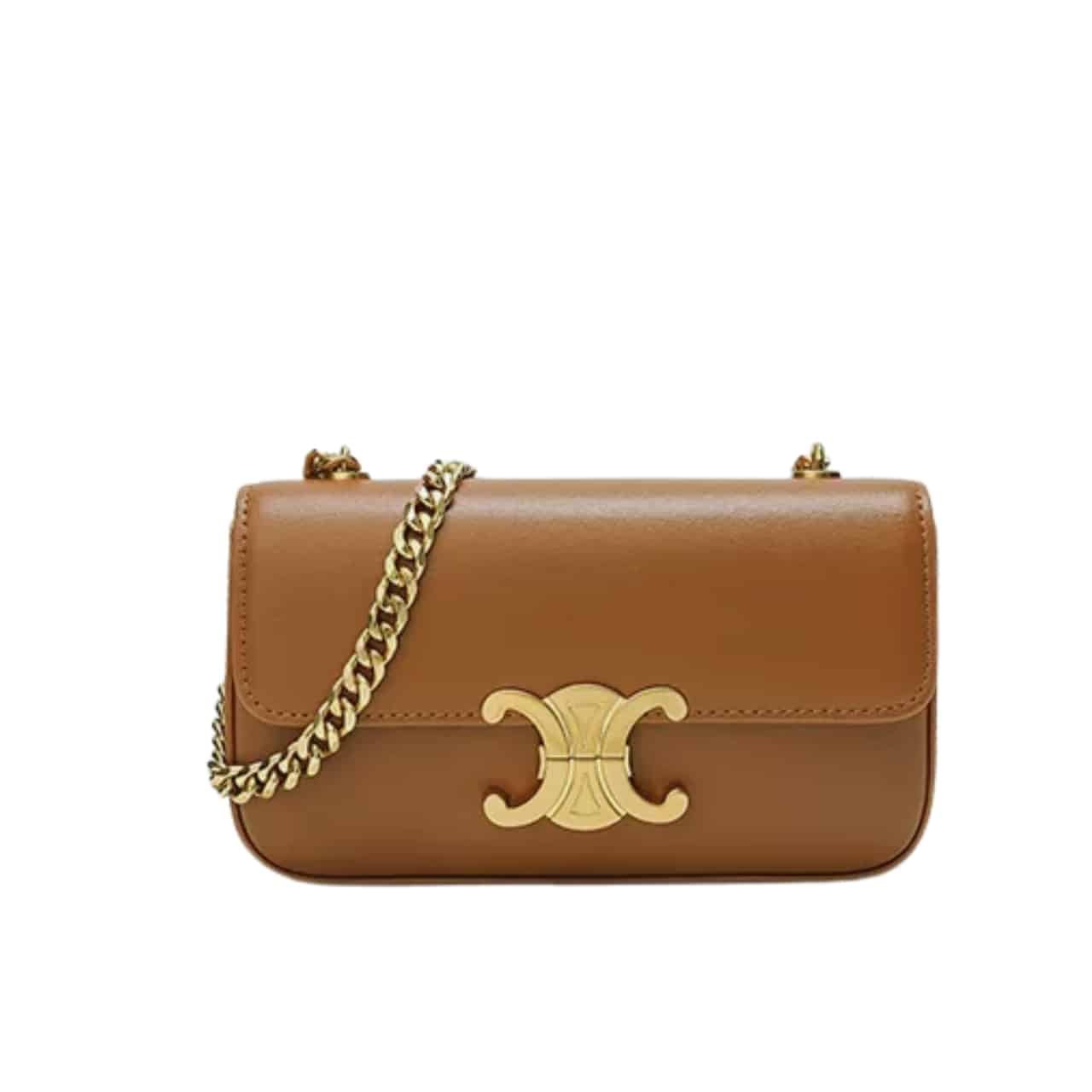 Ce1i*e Chain Triomphe In Shiny Shoulder Bag Silver Golden Brown 20Cm