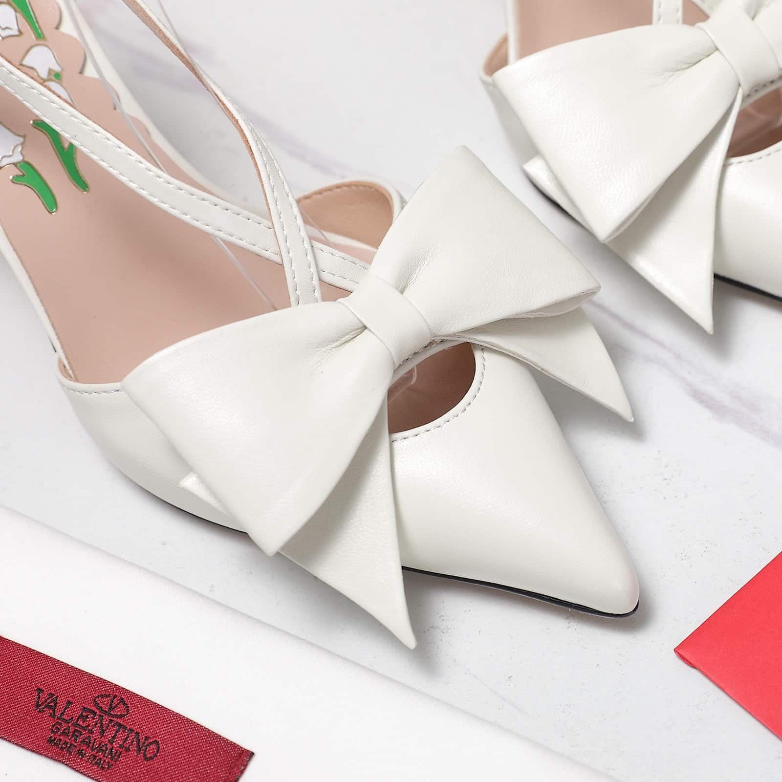 Va1e*ntin0 Bowow Slingback Pumps White 7W2S0Mx5Ddt 098
