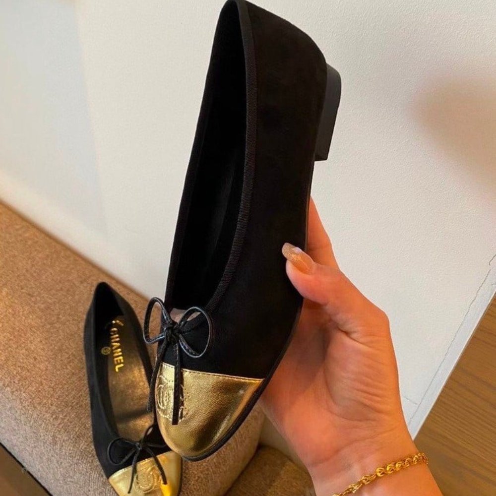 Ch**el Leather Cap Toe Ballet Flats Black Gold