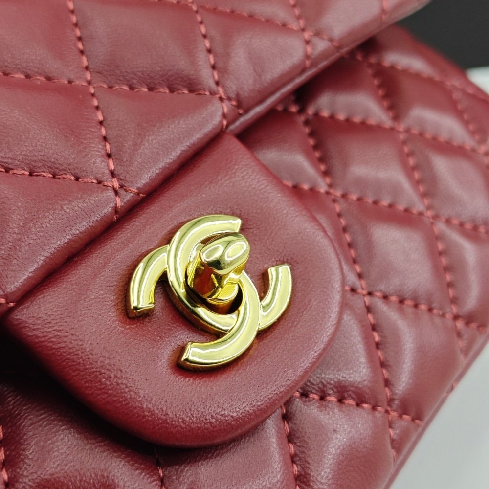 Ch**el Classic 11.12 Handbag Gold Tone Metal Burgundy 25Cm A01112 Y04059 Nzv44