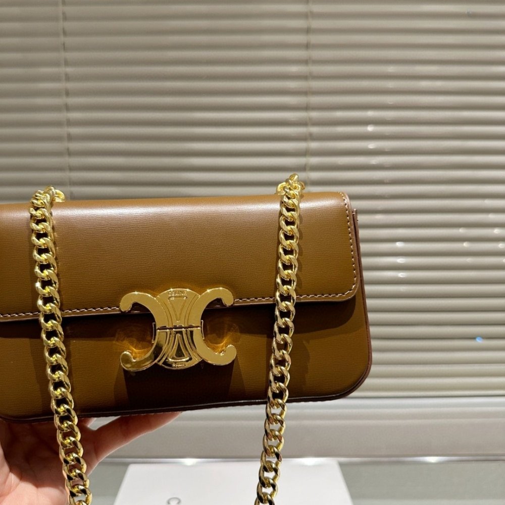 Ce1i*e Chain Triomphe In Shiny Shoulder Bag Silver Golden Brown 20Cm