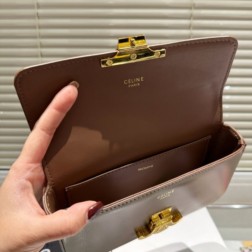 Ce1i*e Chain Triomphe In Shiny Shoulder Bag Silver Golden Brown 20Cm