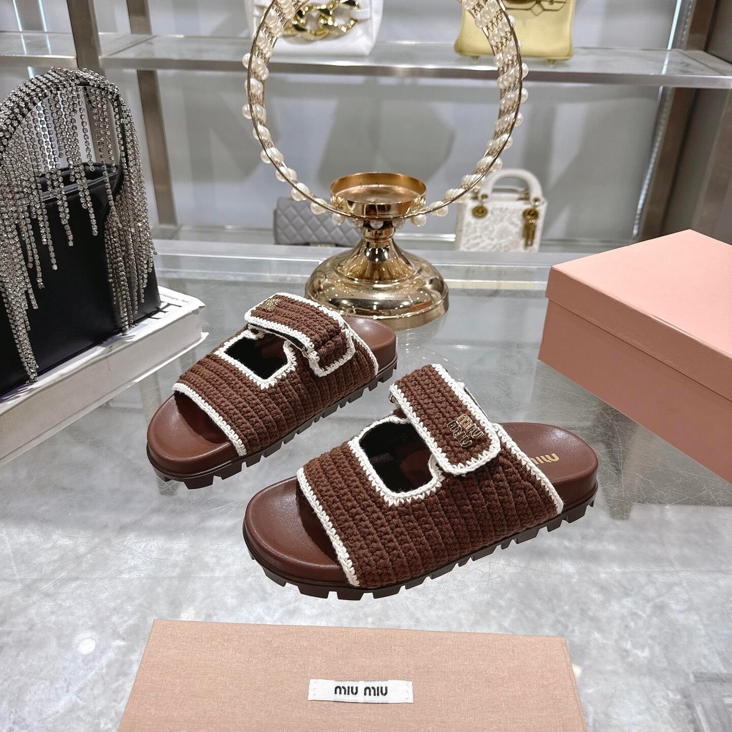 M1um1u Crochet Knit Slides Brown 5Xx641 2Cq2 F0Cms F 010