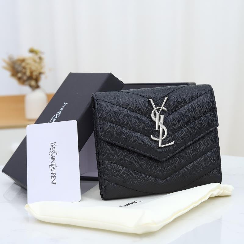 Sa1nt Lau*nt Cassandre Matelassé Small Envelope Wallet In Grain De Poudre Leather Black Silver 13Cm 414404Bow021000