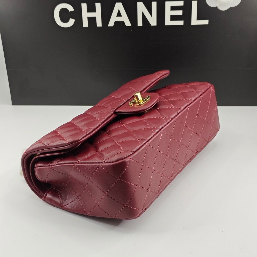 Ch**el Classic 11.12 Handbag Gold Tone Metal Burgundy 25Cm A01112 Y04059 Nzv44