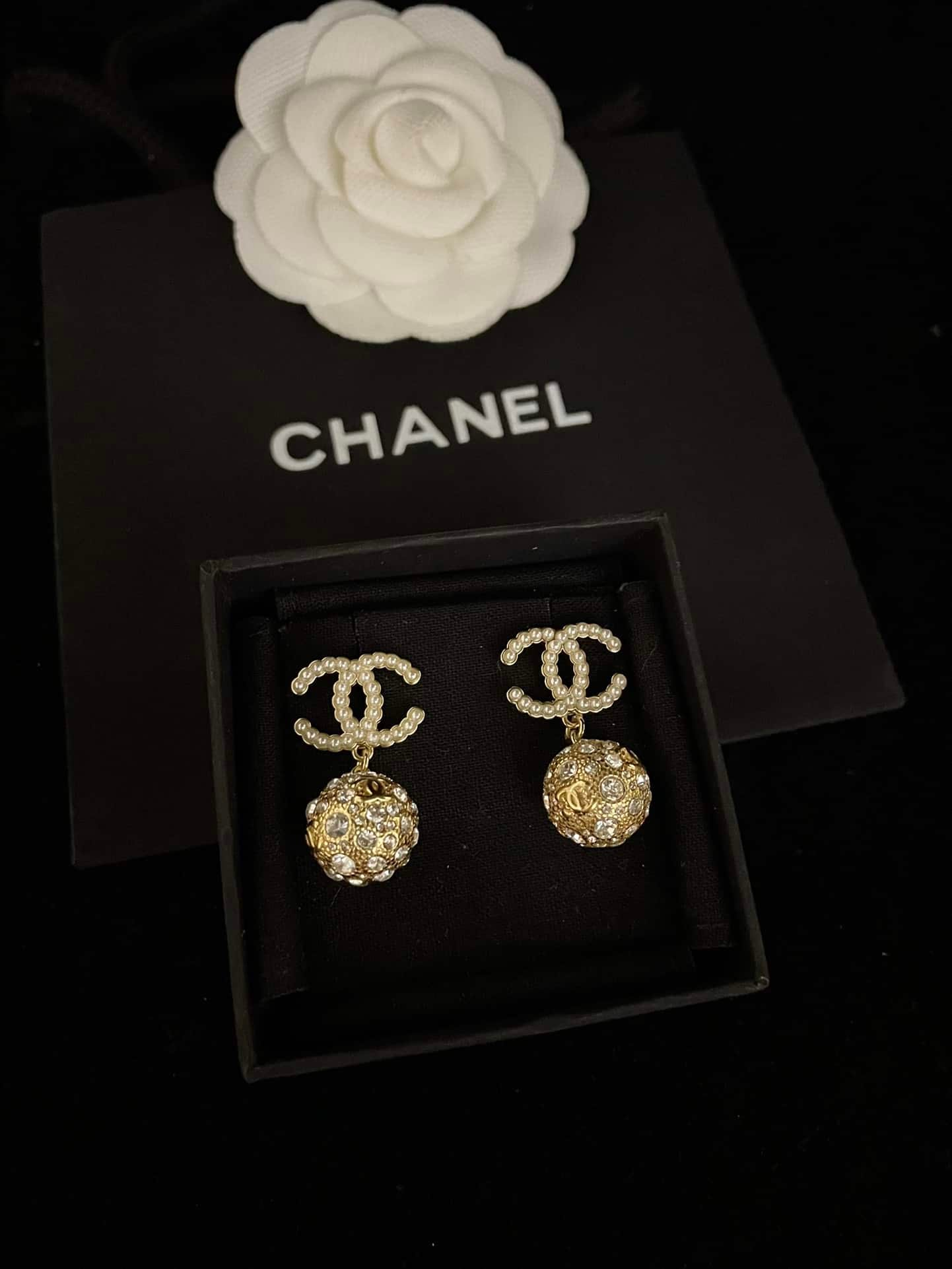 Ch**el New Cc Gold Ball Crystal Pearl Drop Earrings