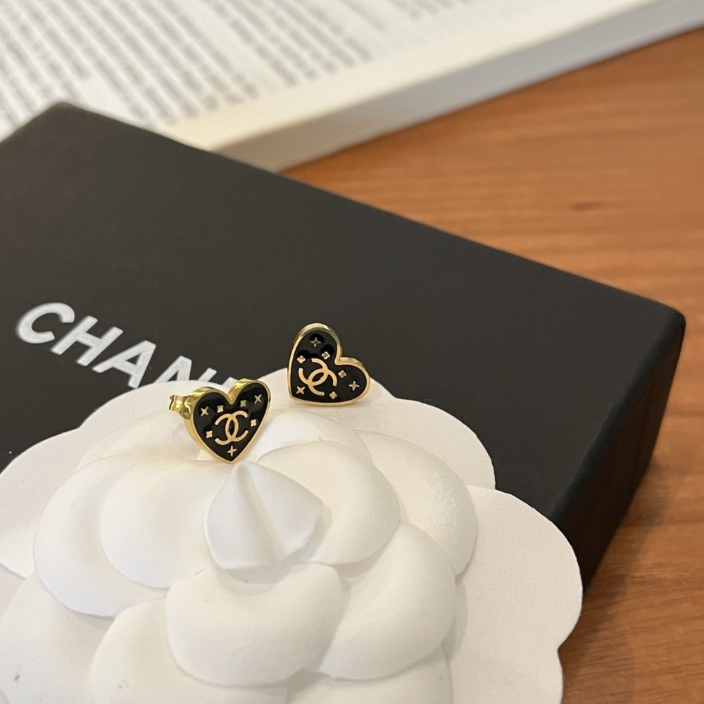 Ch**el Metal Enamel Cc Heart Earrings Gold Black