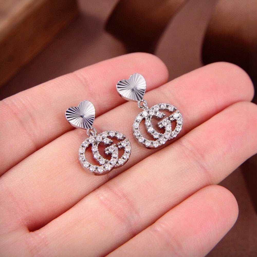 Gvc*1 Gg Heart Earrings Silver With Crystals