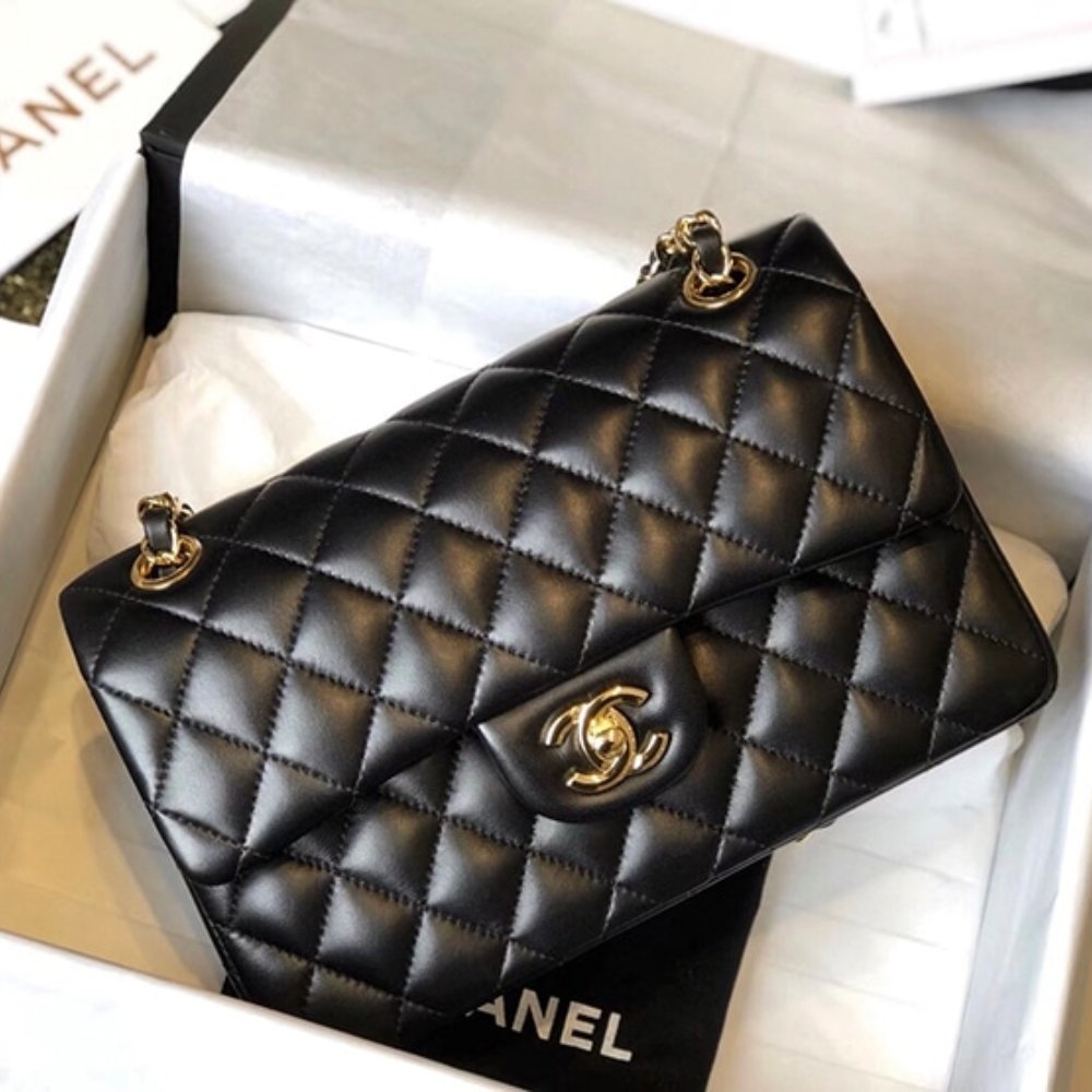 Ch**el Classic 11.12 Handbag Gold Tone Metal Black 25Cm A01112 Y01295 94305