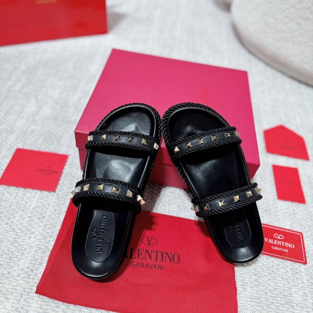 Va1e*ntin0 Garavani Rockstud Leather Espadrille Slide In Black 6W2S0Jr3Bae