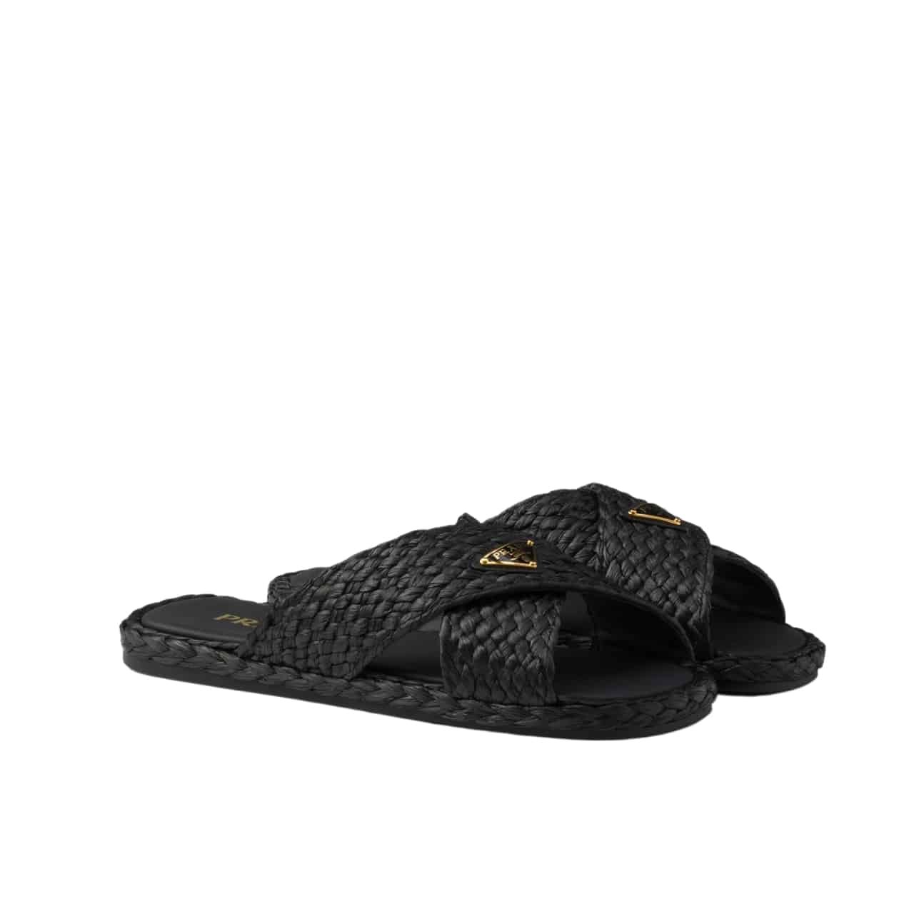 Pra*a Raffia Crisscross Slides Black 1Xx750 027 F0002 F 020