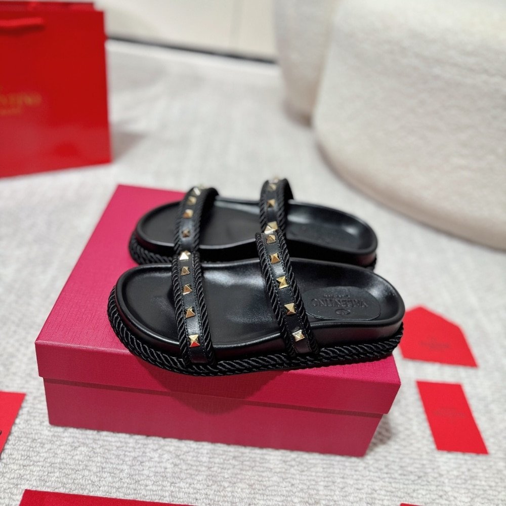 Va1e*ntin0 Garavani Rockstud Leather Espadrille Slide In Black 6W2S0Jr3Bae