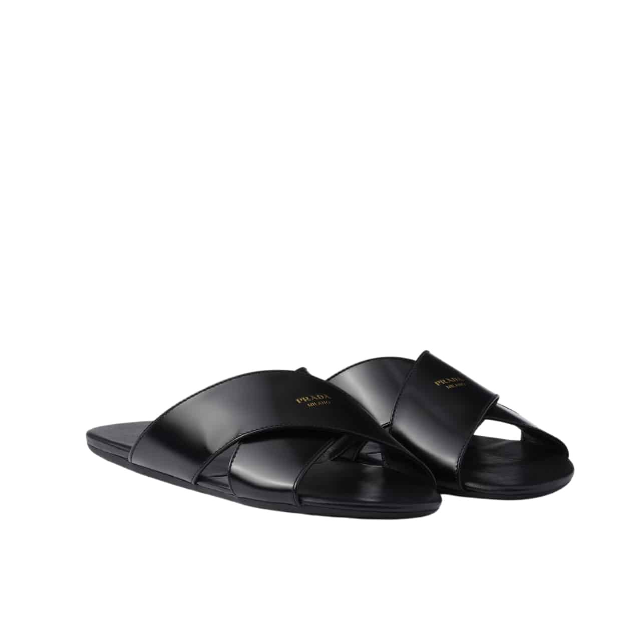 Pra*a Brushed Leather Slides Black 1Xx768 055 F0002 F 005