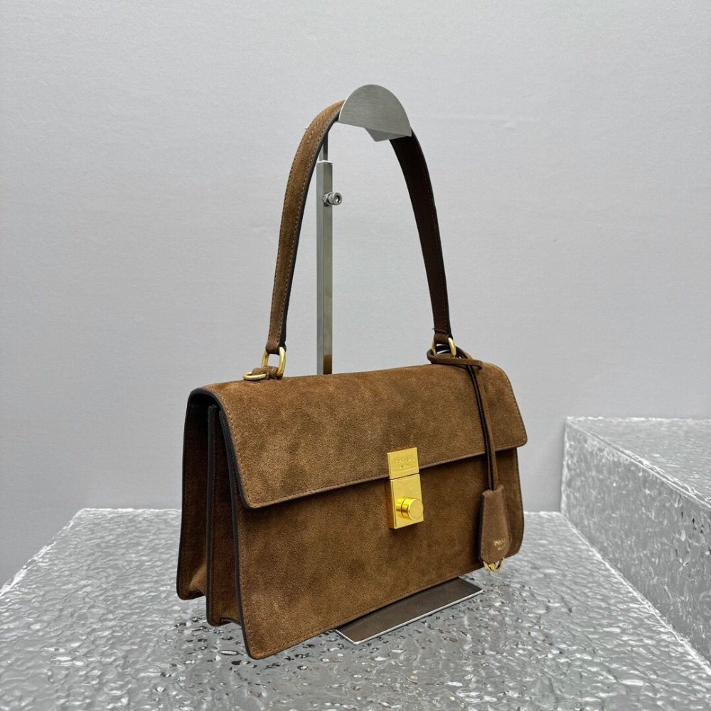 [S*per Vip 1:1] Pra*a Soft Sound Medium Suede Shoulder Bag Brown 28Cm Bn023 2C4S F0324 V Too