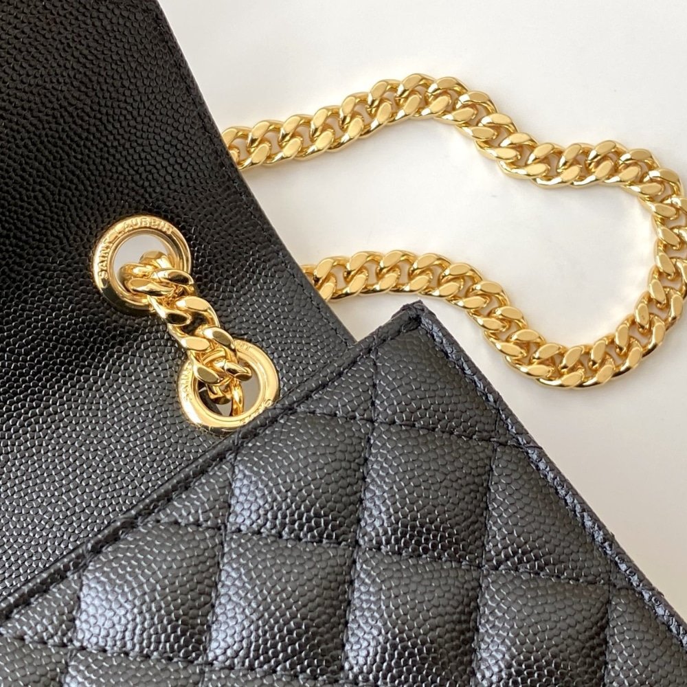 Sa1nt Lau*nt Envelope Medium In Quilted Grain De Poudre Embossed Leather Black Gold 24Cm 600185Bow911000