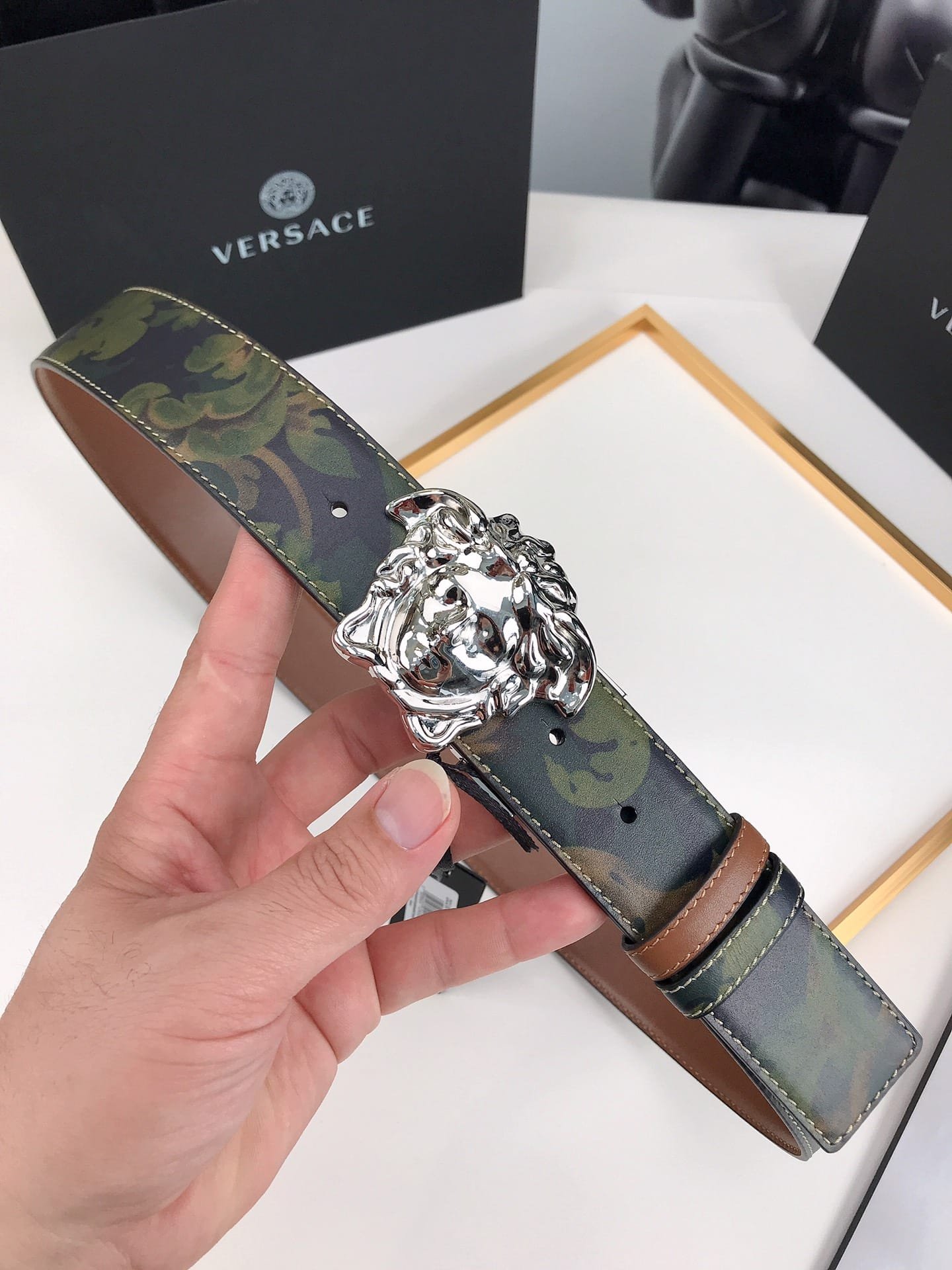Versace La Medusa Leather Khaki Silver Metal 4Cm