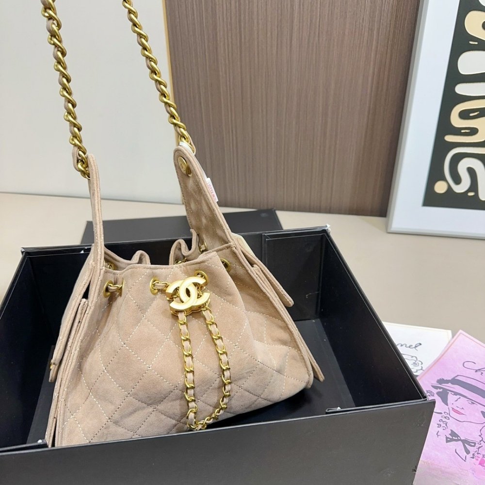 Ch**el 25 Small Handbag Suede And Gold Tone Metal Light Grey 26Cm