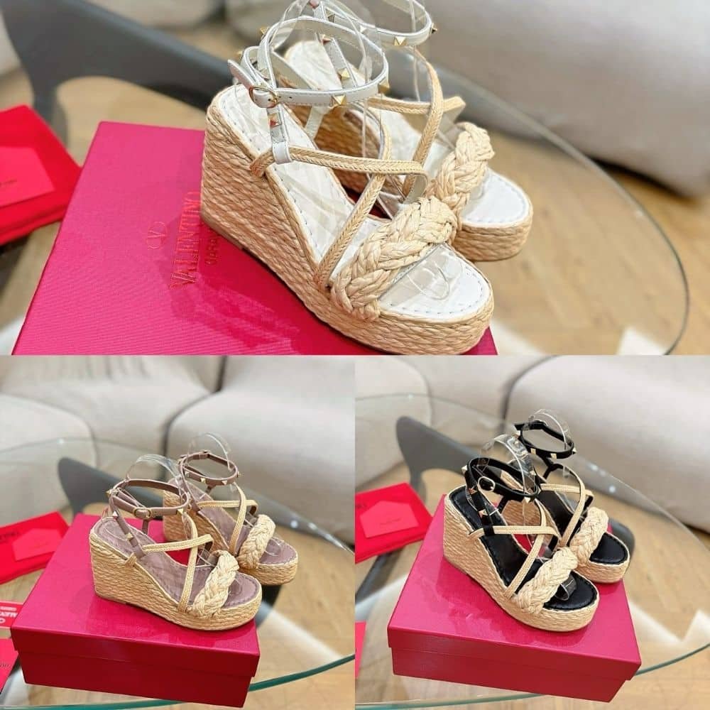 Va1e*ntin0 Garavani Woven Raffia Wedge Espadrilles Beige