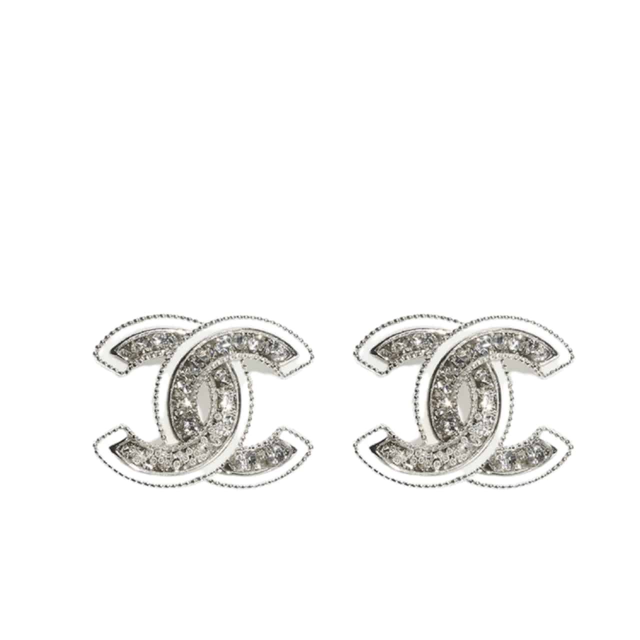 Ch**el Stud Earrings Silver White And Crystal Abe867 B19263 Naddv