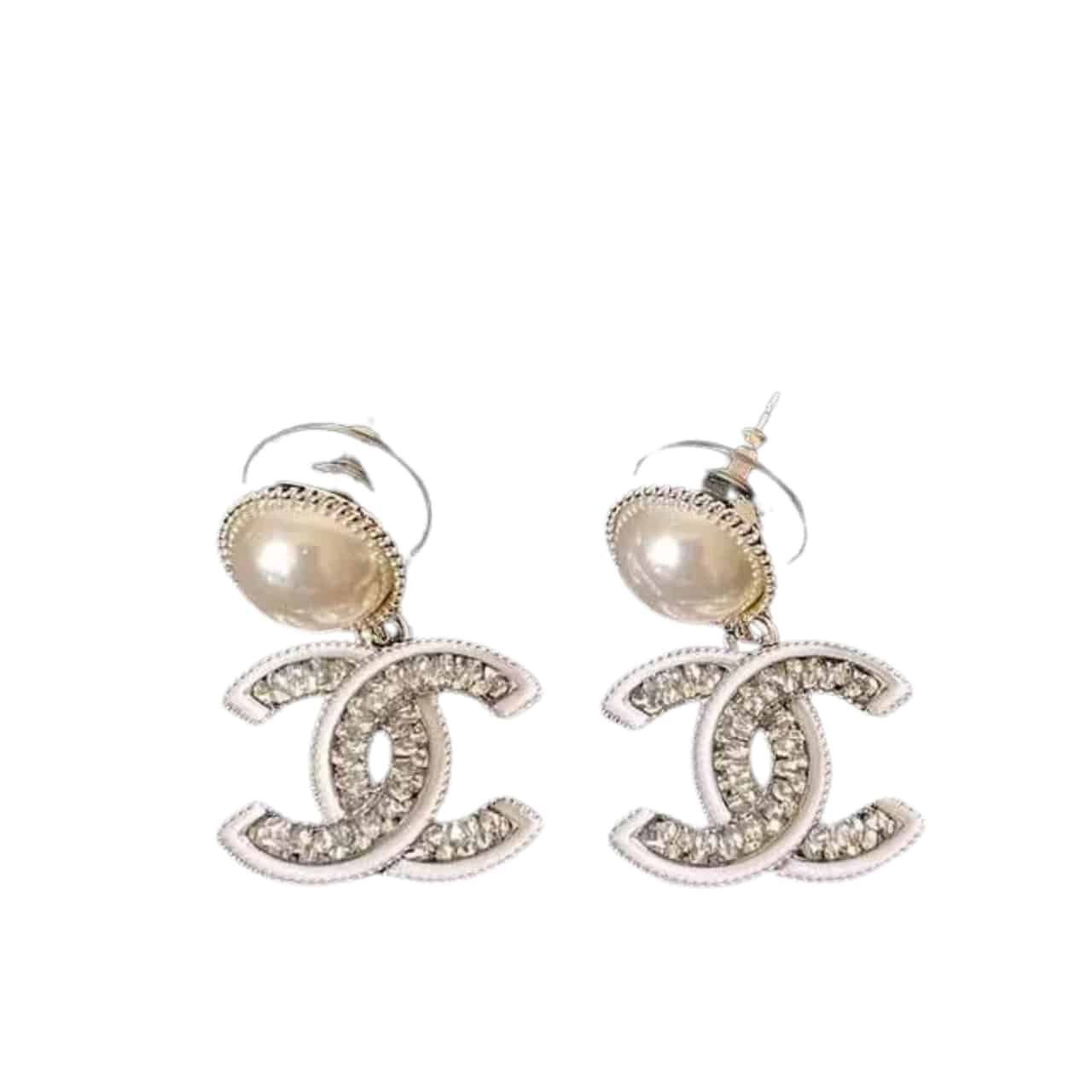 Ch**el Double C Pearl Earrings Silver White