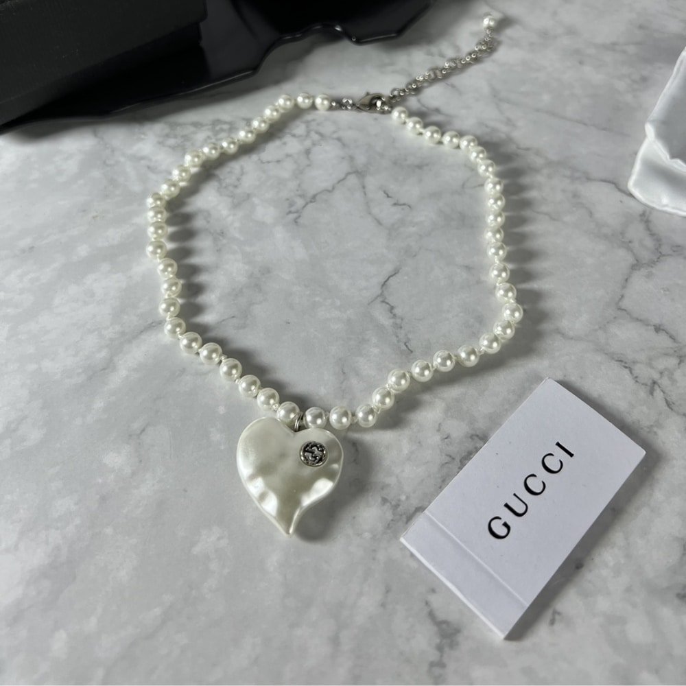Gvc*1 Interlocking G Heart Necklace In Palladium Tone Metal