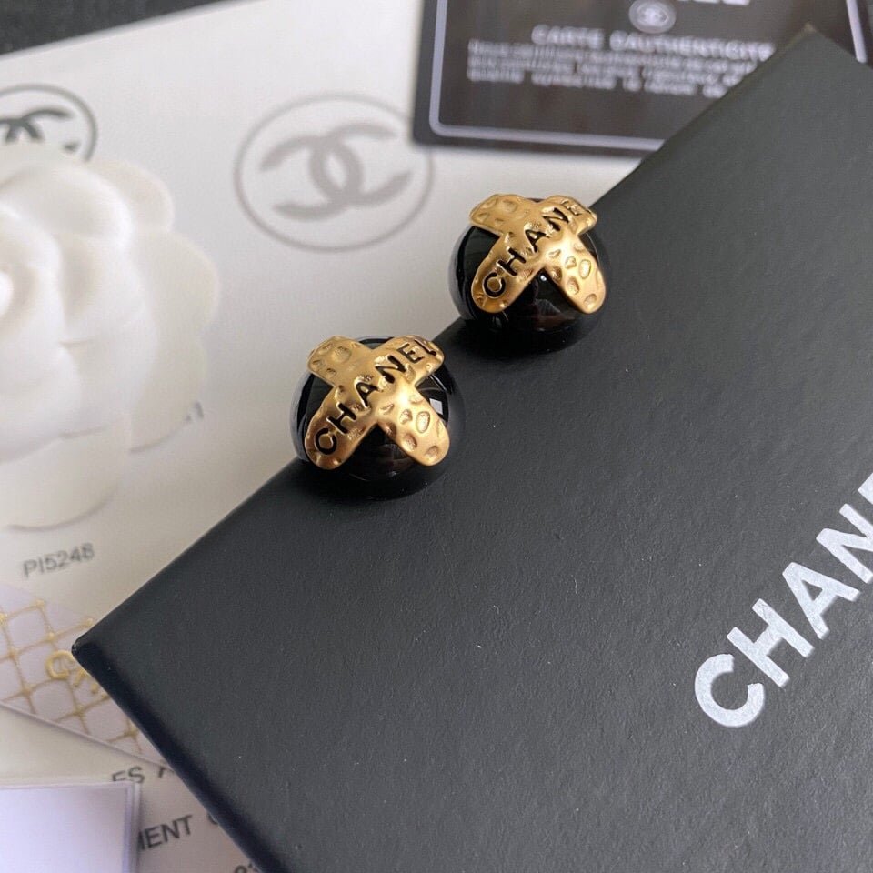 Ch**el Button Black Earrings